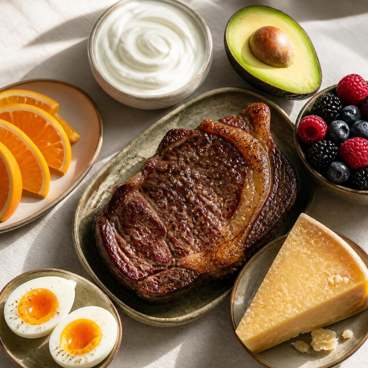 Alimentos naturales sobre lino: carne jugosa, frutas, aguacate, huevo, yogur y queso